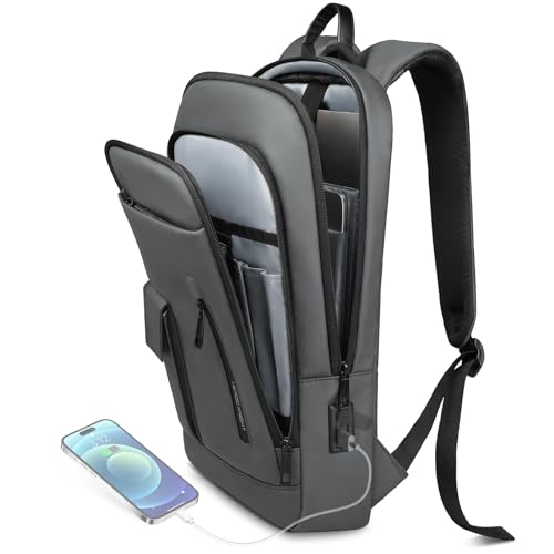 Slim Backpack for Men Women, 15.6 Inch Business Laptop Backpack with USB Charging Port, Lightweight Anti-theft Travel Computer Backpacks,Water-resistant Casual Daypack Bag for College Work Daily-Grey