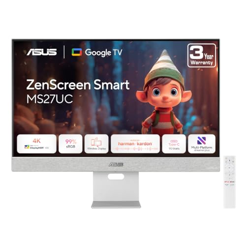 ASUS ZenScreen 27 4K USB-C Smart Monitor (MS27UC) - UHD (3840 x 2160) IPS, 99% sRGB, GoogleTV, Harman Kardon Speakers, USB-C 90W PD, USB Hub, Wireless Display, Netflix and YouTube, 3 yr Warranty