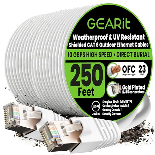 GEARit Cat6 Outdoor Ethernet Cable (250ft) 23AWG Pure Copper, FTP, LLDPE, Waterproof, Direct Burial, In-Ground, UV Resistant, POE, Network, LAN, Internet, Cat 6, Cat6 Cable - 250 Feet