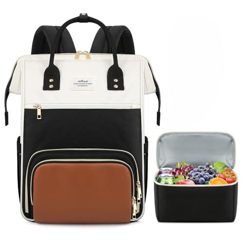 ETRONIK Lunch Backpack, 17.3 Inch Laptop Backpack with USB Port, Stylish Nurse, Teacher Work Bag with Insulated Cooler Lunch Box for Women Men/Travel, Black-Beige-Brown