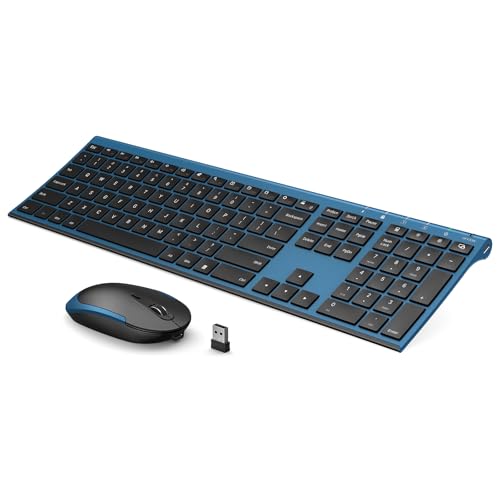 Wireless Keyboard and Mouse, Vssoplor 2.4GHz Rechargeable Quiet Full-Size Keyboard and Mouse Combo with Nano USB Receiver for Windows, Laptop, PC, Notebook-Black and Blue