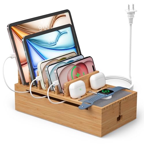Pezin & Hulin Cell Phone Charging Station for Multi Devices, All in One Desktop Charger Organizer, with Power USB Charge Adapter and 6 Cables, Use As Power Strip Hidden Box -Natural Bamboo Color