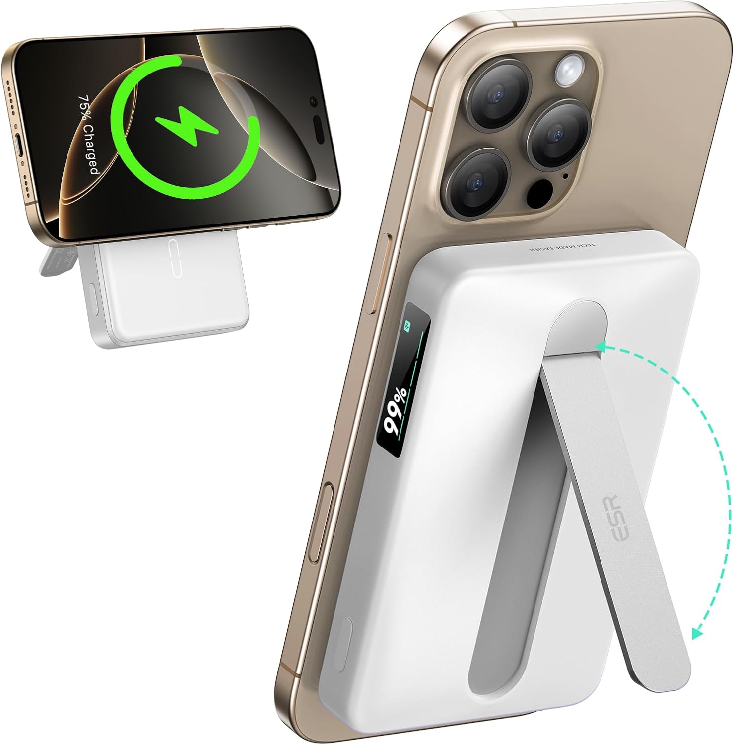 ESR for MagSafe Power Bank, Kickstand 10,000mAh MagSafe Portable Charger, Qi2 Certified 15W Fast Battery Pack with LED Display, 27W USB-C MagSlim Charger with Cable for iPhone 17/16/15/14/13/12,White