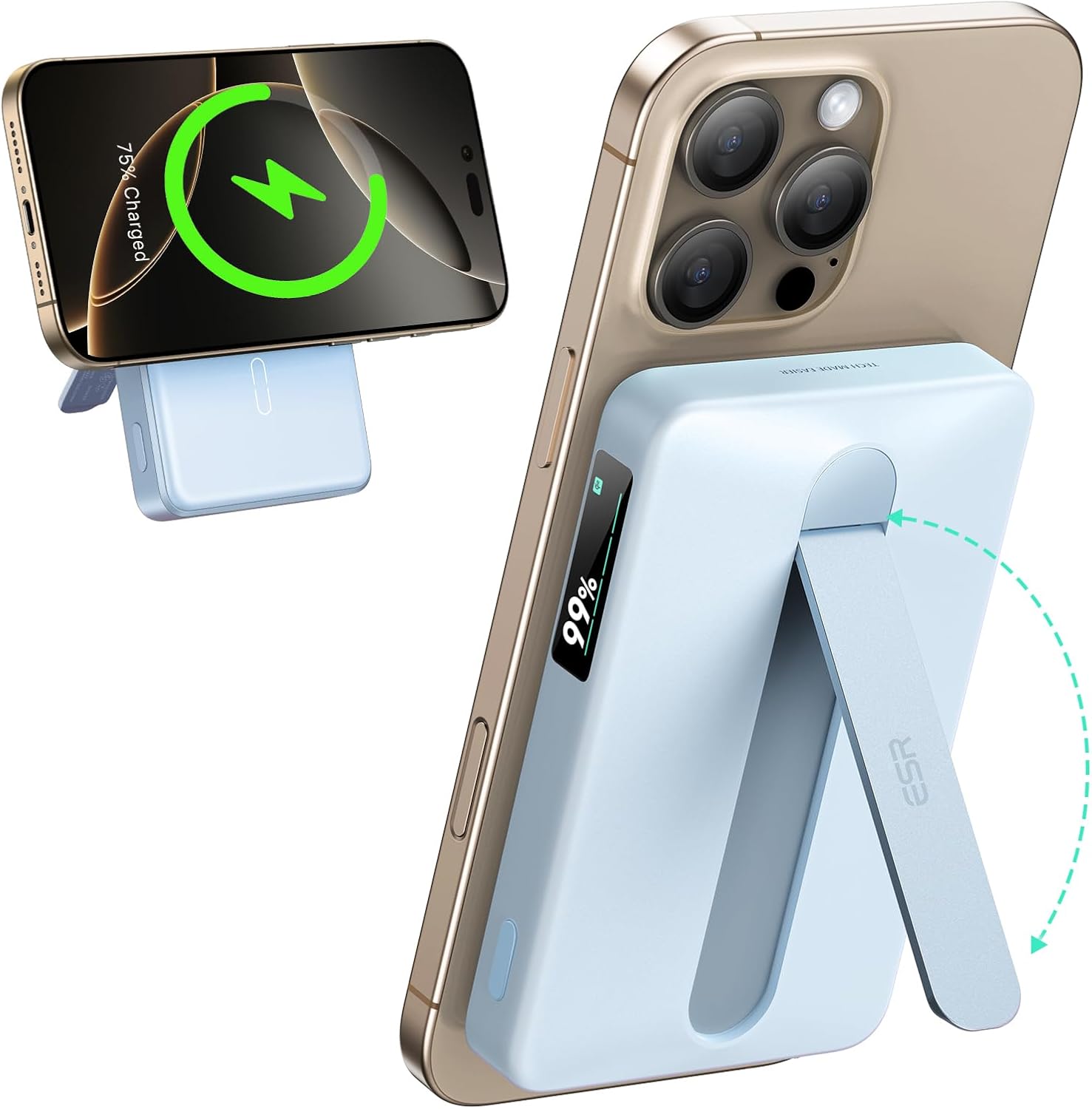 ESR for MagSafe Power Bank, Kickstand 10,000mAh MagSafe Portable Charger, Qi2 Certified 15W Fast Battery with LED Display, 27W USB-C MagSlim Charger with Cable for iPhone 17/16/15/14/13/12,Sky Blue