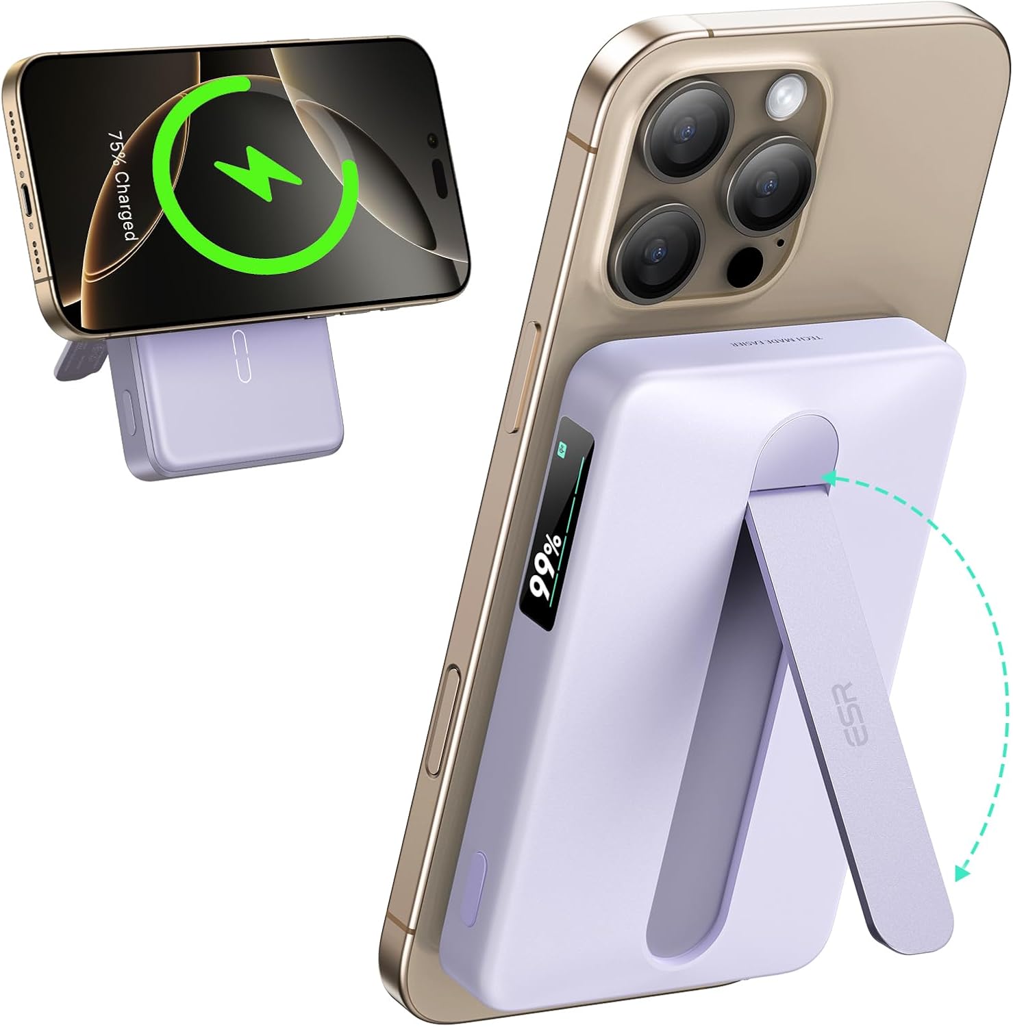 ESR for MagSafe Power Bank, Kickstand 10,000mAh MagSafe Portable Charger, Qi2 Certified 15W Fast Battery with LED Display, 27W USB-C MagSlim Charger with Cable for iPhone 17/16/15/14/13/12,Lavender