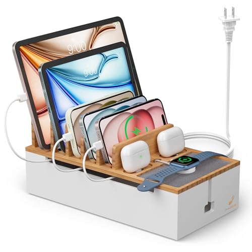 Pezin&Hulin Multi Devices Charging Station, With USB Adapter and 6 Cables, Cord Organizer for Desk, Cell Phone Charger Dock to Management Cables and Power Strip, Desktop Cord Hider Box -Natural +White