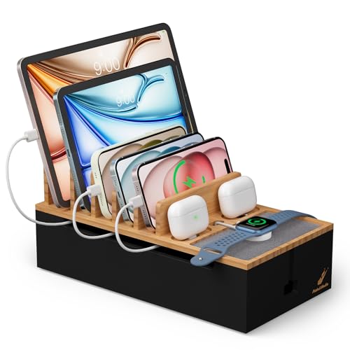 Pezin & Hulin Cord Organizer Box, Surge Protector Organizer, Device Charger Station for Phones & Tablets, Wood Charging Dock -with 6 Wire Cables, BUT NO Power Supply - Natural + Black