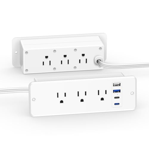 CCCEI 6 Outlets Dual Side Recessed Power Strip with USB C Ports, Furniture Flush Mount, Under Desk, Desk Top Multiple Outlets, Hidden Charging Station for Conference Table, Nightstand, White. 10FT.