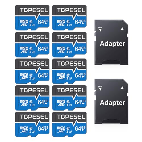 TOPESEL 10-Pack 64GB Micro SD Card Class 10 Micro-SDXC Memory Card UHS-I, High Speed Flash TF Card for Security Camera/Smartphone/Drone/Dash Cam/Tablet/PC, C10, U1, 64GB 10Pack