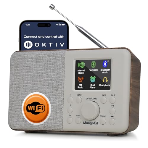 SR10 Smart WiFi Internet Radio,Podcast Player, Bluetooth Speaker, Portable FM Radio, Mains and Battery Powered Radio, Color Display,Dual Alarms, Presets,App Control-Walnut