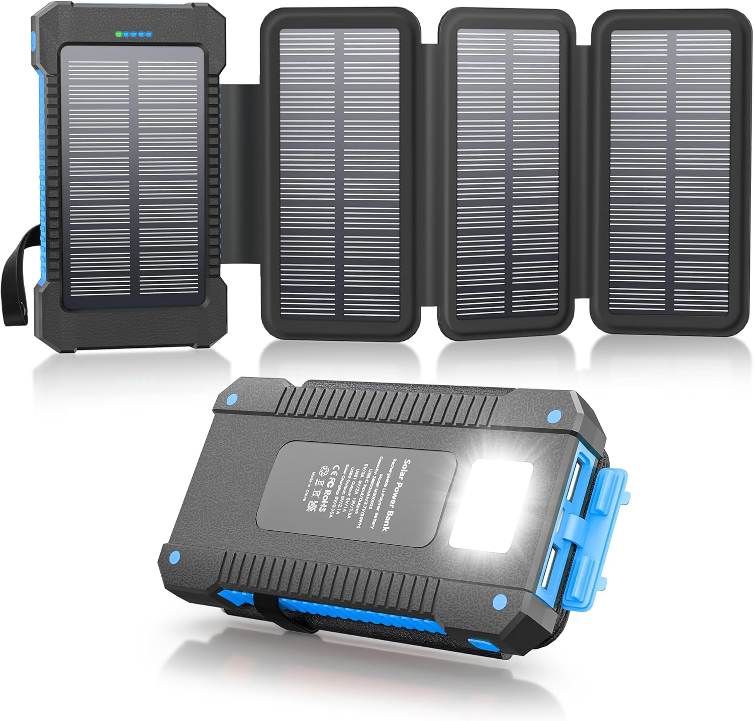 Solar Power Bank 38800mAh with 4 Solar Panels, Portable Charger USB C 18W Fast Charging for iPhone Samsung, IP67 Waterproof Outdoor External Battery Pack with Flashlight Light/SOS/Strobe