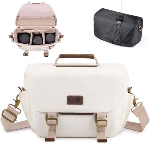 SMRITI Canvas Camera Bag Small- DSLR/SLR Waterproof Camera Bag for Canon/Sony/Nikon/Fuji, Cute Camera Sling Bag with Rain Cover, Travel Crossbody Camera Case Bag for Women Men Photographer (White)