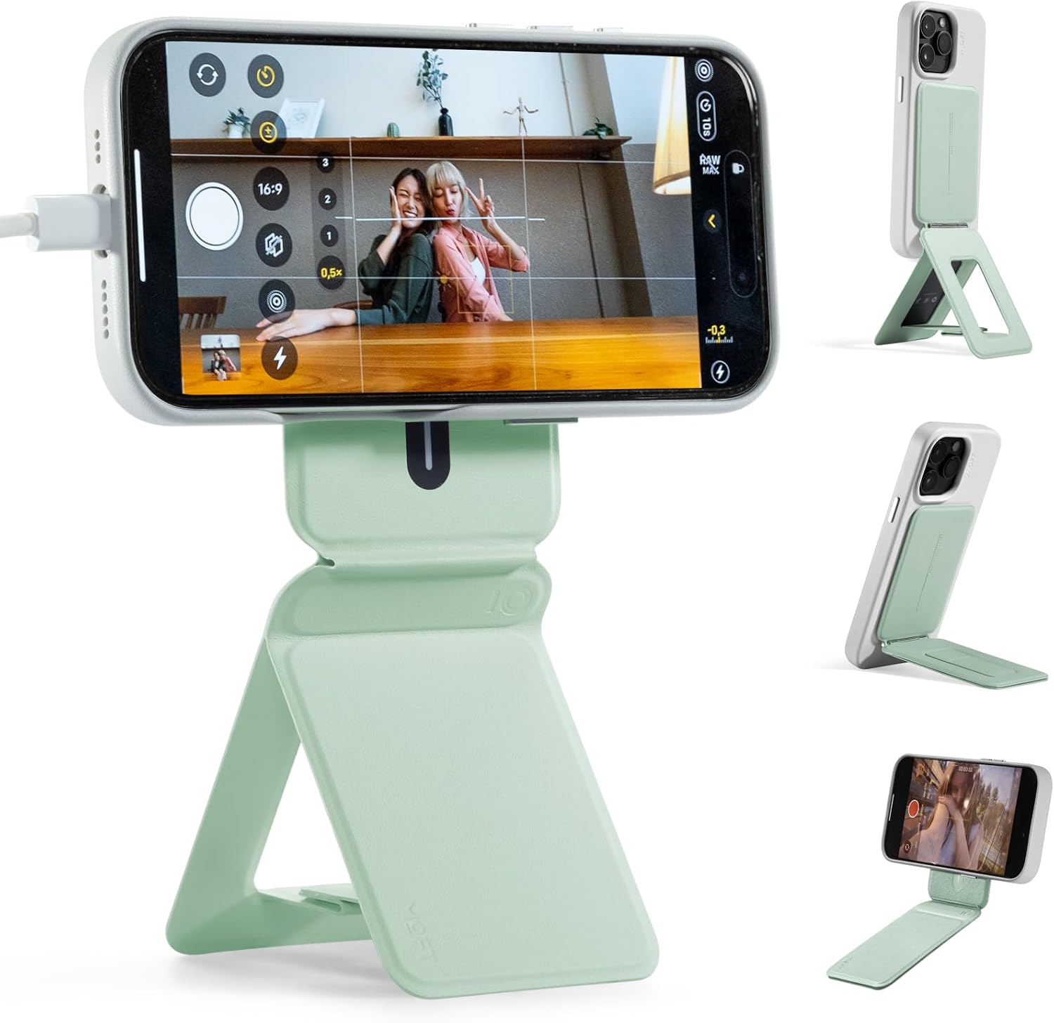 MOFT Phone Tripod Stand Selfie Stick for iPhone, Multi-Angles iPhone Stand, Lightweight & Portable Phone Holder, Strong Magnets, MOVAS Vegan Leather, Peppermint (Without Card Slot)