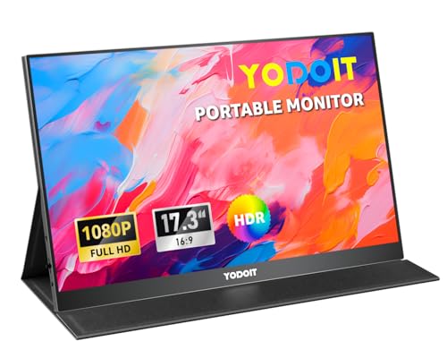 Yodoit Portable Monitor for Laptop 1920x1080 17.3" FHD Screen IPS Display with USB Type C Port, Built-in Speakers and Smart Cover