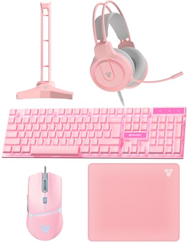 FANTECH Wired Gaming Keyboard and Mouse Set, Over-Ear Headphone and Headset Stand, Gaming Mouse Pad Wired RGB Rainbow Mice, PC Beginner Gamer Basic 5 in-1 for,PC,Laptop,Xbox Pink