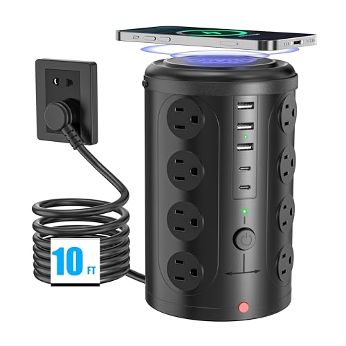 Surge Protector Power Strip,Desk Charging Station with 15W Wireless Charger, Multiple Outlets Charging Station with 16 AC Outlets & 5 USB (2 USB C) Port, for Home, Office, Dorm Room(10FT)