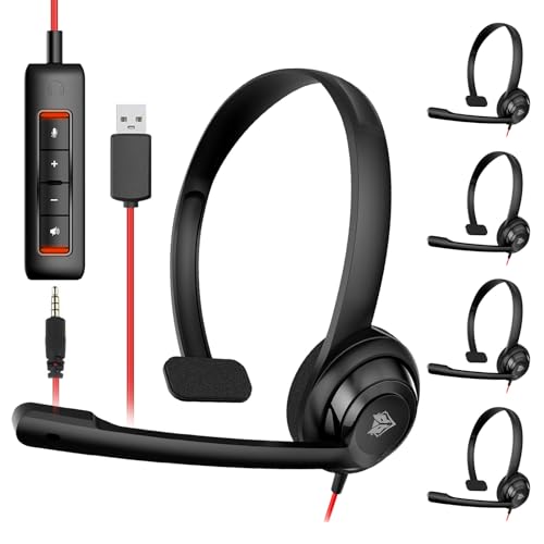 NUBWO HW02 USB Headset with Microphone Noise Cancelling &in-line Control, Ultra Comfort Computer Headset for Laptop pc, On-Ear Wired Office Call Center Headsets for Boom Skype Webinars, 5 Packs
