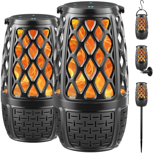 2 Pack Outdoor Bluetooth Speakers, Upgrade Multi-Sync Bluetooth Party Speakers with Flame Light, Built-in 360 HD Stereo Sound, Cool Tech Gadgets Upgraded IPX7 Waterproof for Patio Porch, Gift for Men