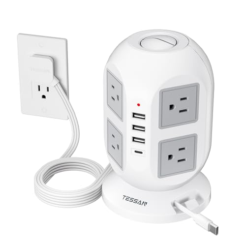Tower Power Strip Surge Protector 10 Ft, TESSAN Flat Plug Extension Cord with Multiple Outlets, 8 AC Outlets, 4 USB Ports, 1 Built-in USB Cable, Desk Charging Station for Home Dorm Office