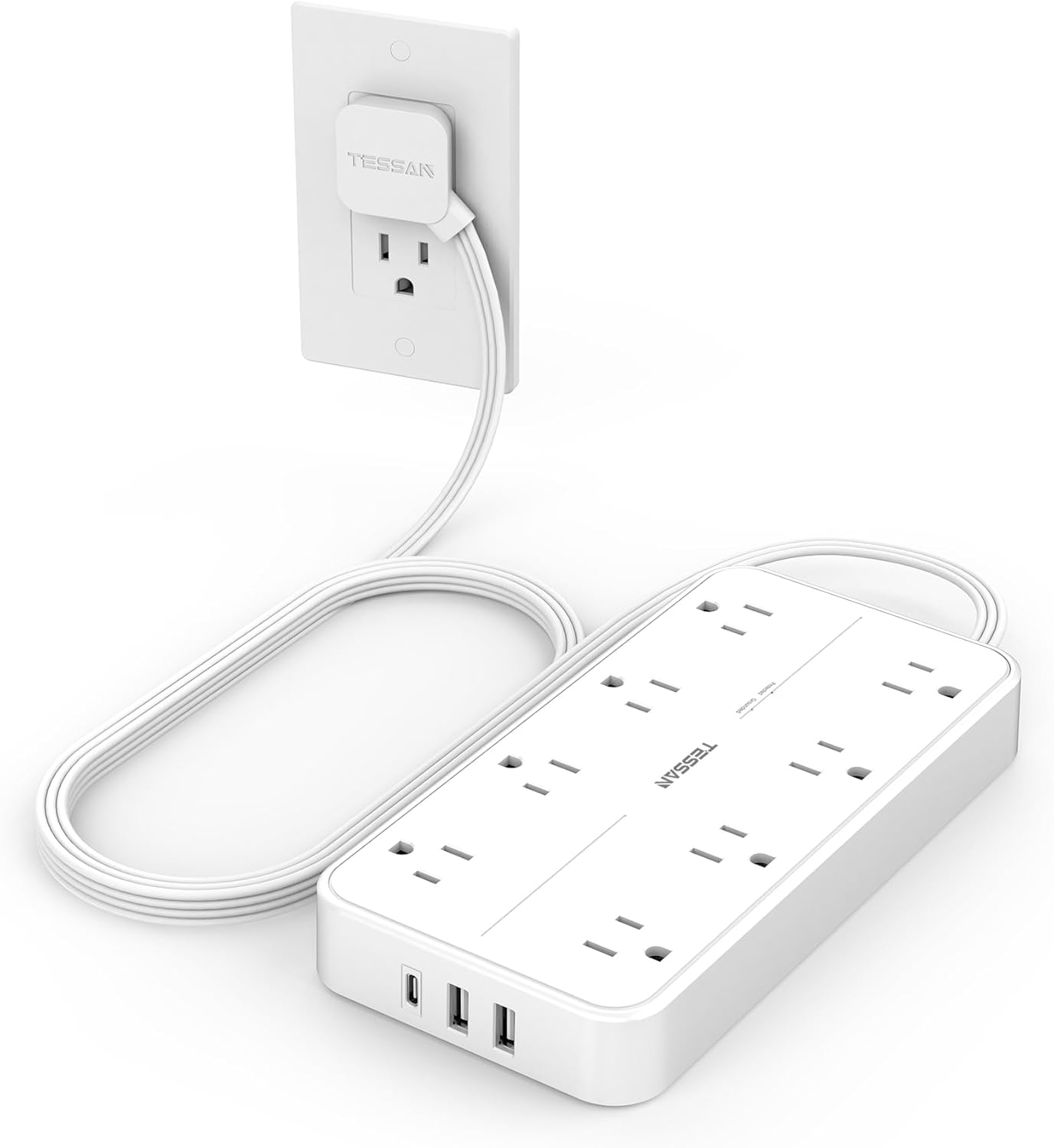 Power Strip with Surge Protection, TESSAN Flat Plug Extension Cord with 8 Outlets 3 USB Ports(1 USB C), 1080 Joules, 6 Ft, Wall-Mounted Charging Station for Apartment Office Dorm Room Essentials