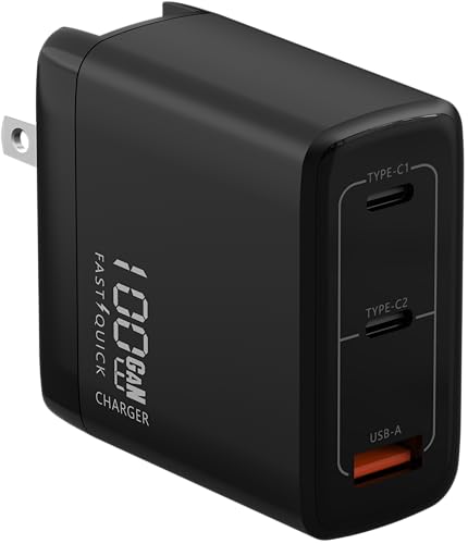 Fast 100W Dual USB-C Plus USB-A Charger - GaN Power Delivery - Fast Compact Power Adapter for Laptops, Smart Phones, Tablets and Thousands of Other Devices (Black, 100W)
