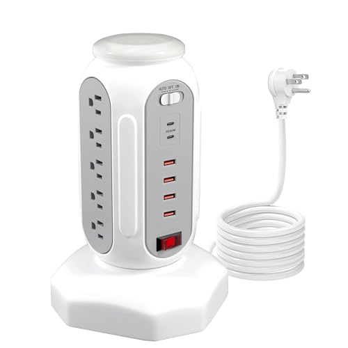 Power Strip Tower 15 Outlets 6 USB Ports, Surge Protector with Colorful Led-Light & PD 30W USB-C Fast Charger, Desktop Charging Station with 6.5ft Heavy Duty (White)