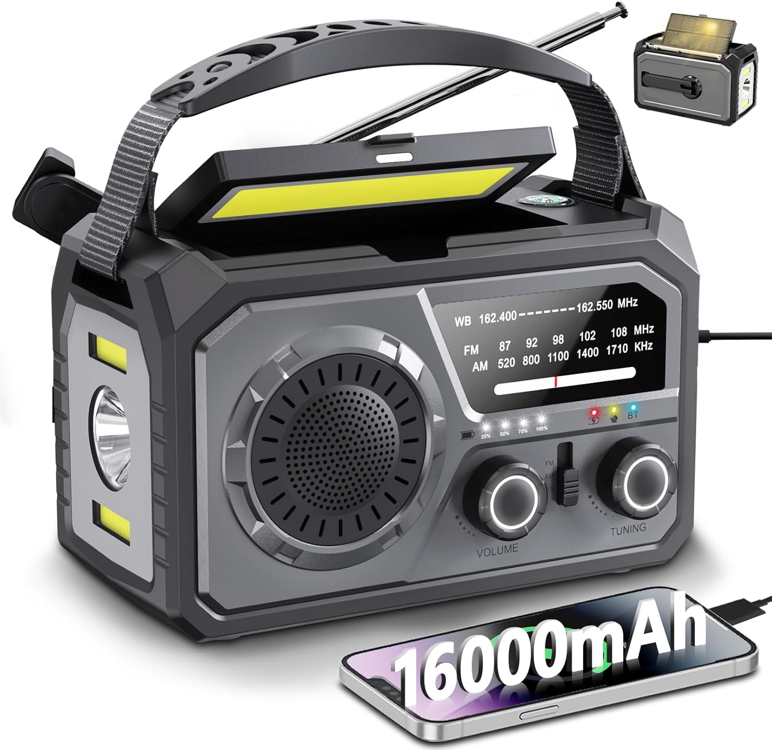 Solar Emergency Crank Radio with 16000mAh Power Bank - NOAA Weather Alert, Hand Dynamo, AM/FM Portable Radio, Bright Flashlight & Phone Charger for Power Outages, Camping, Survival Kits (Gray)