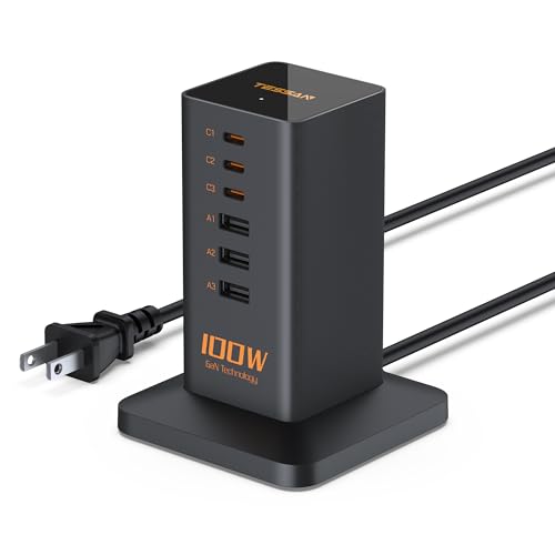 USB C Charger Blcok PD 100W, TESSAN 6-in-1 Charging Station for Multiple Devices, Desktop Tower Charger with 6 USB Ports for iPhone 16/15, MacBook, Tablet, Office Home Dorm Room Accessories