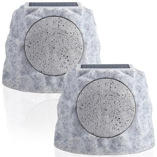 Solar Rock Speakers Outdoor Water-Resistant 2-Pack Solar Powered Rock Speaker with Lights RGB and TWS Pair for Patio Outside Garden BBQ Deck