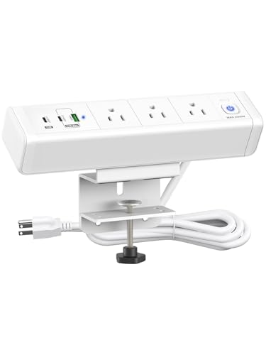 Desk Clamp Power Strip with 65W USB-C&USB A Ports 3 AC Outlet, Nightstand Edge Mount Charging Station Power Strip with USB-C Ports Tabletop Surge Protector for Home Office, Dorm Room(White)