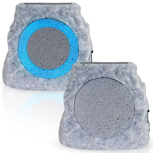 Solar Rock Speakers Outdoor Water-Resistant 2-Pack Solar Powered Rock Speaker with Lights RGB and TWS Pair for Patio Outside Garden BBQ Deck