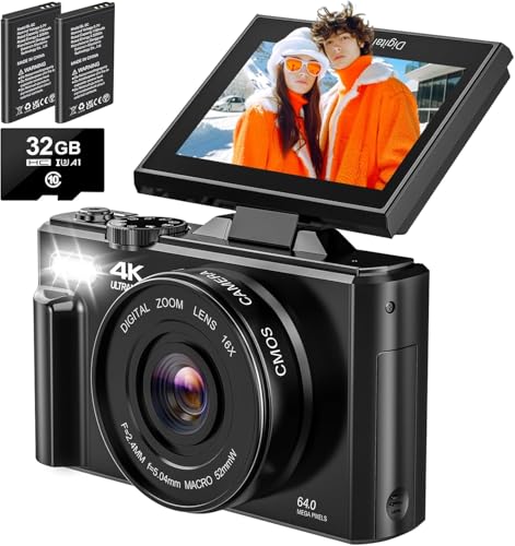 4K Digital Camera - Digital Cameras for Photography - 64MP Vlogging Camera for YouTube - Autofocus Video Camera 3" 180 Flip Screen with 18X Zoom - Compact Travel Cameras with 32GB SD Card 2 Batteries