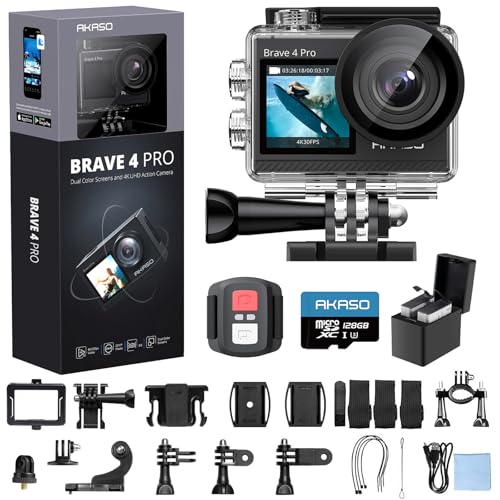 AKASO Brave 4 Pro 4K30 Action Camera with 128GB MicroSD U3 Card, 131FT Underwater Waterproof Camera EIS Touch Screen Remote Control with 2x1350mAh Batteries and Helmet Accessories Kit Bundle
