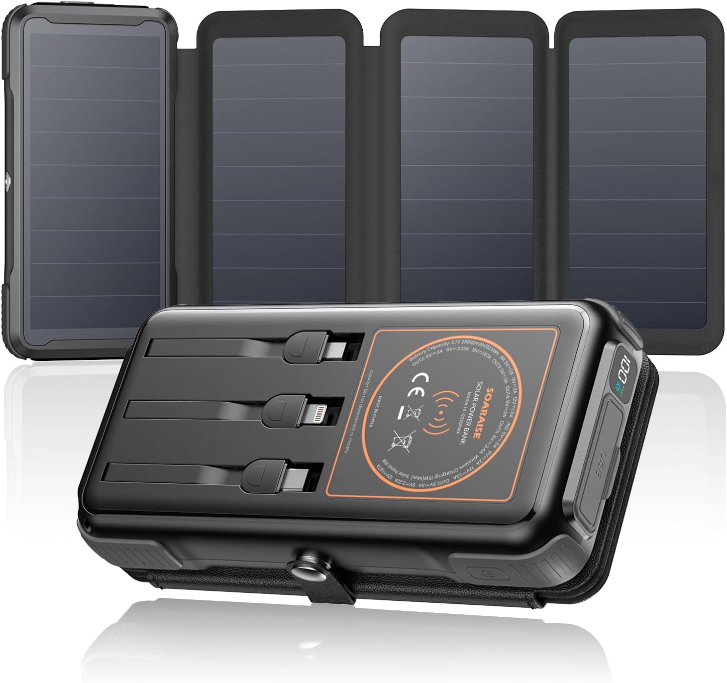 SOARAISE Wireless Solar Power Bank, 25000mAh Solar Charger with Built-in 3 Cables, Dual Outputs, 4 Folding Panels & 3 LED Flashlights, Portable Phone Charger for Outdoor Camping(Black)