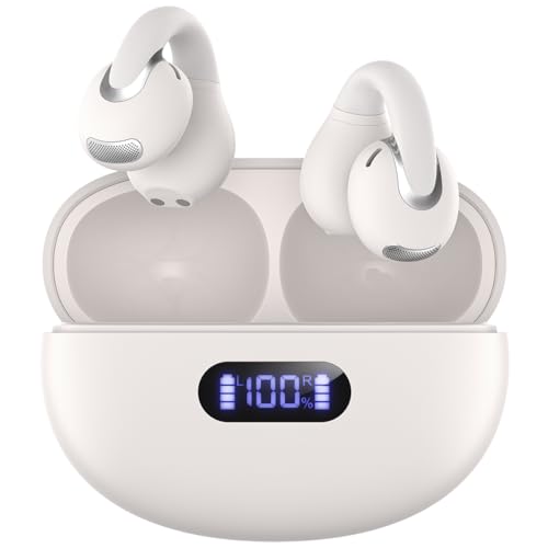 Open Ear Clip Wireless Earbuds Bluetooth 5.4, Lightweight Comfort Sports Bone Conduction Headphones Built-in Mic for Clear Audio, Stable Fit Earphones 24H Play-Beige