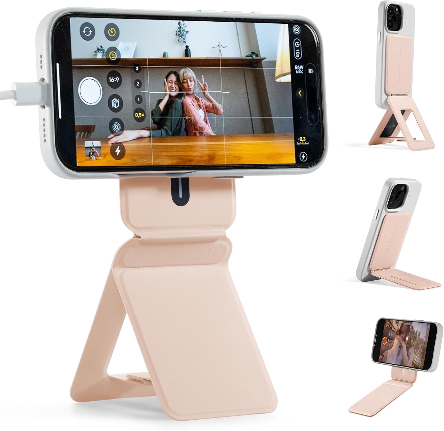 MOFT Phone Tripod Stand Selfie Stick for iPhone, Multi-Angles iPhone Stand, Lightweight & Portable Phone Holder, Strong Magnets, MOVAS Vegan Leather, Peach Pink (Without Card Slot)
