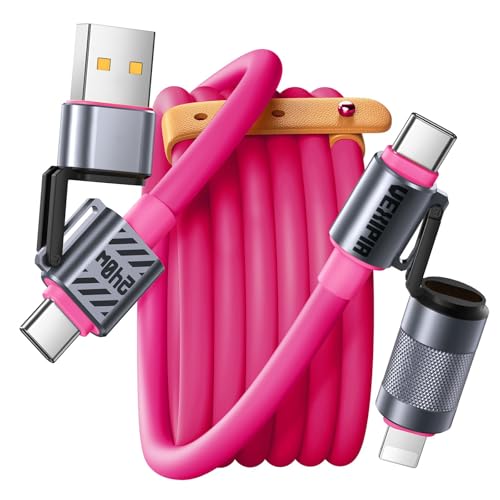 4 in 1 USB C Cable 240W 5FT Fast Charging & Data Transfer, Thicker Silicone Multi Charger Cord for iPhone iPad Charger Wire Combo with L/Type C/USB A for iPhone 16/15/Macbook (Pink)
