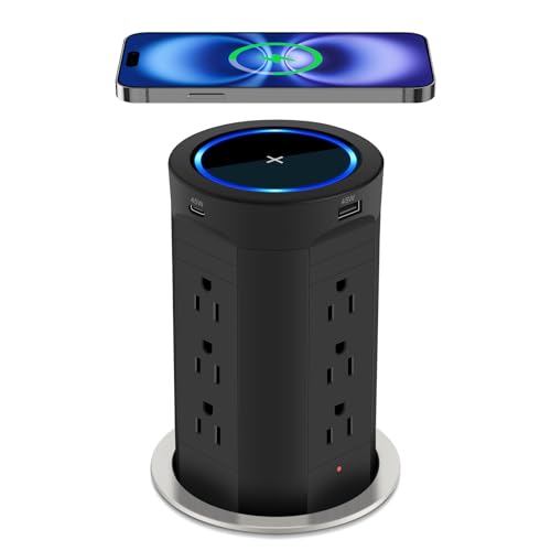 4-inch Pop Up Outlet for Countertop with 45W USB,17-in-1 Desktop Power Strip with 15W Wireless Charger,12 Outlets 4 USB Ports,15Amp Tamper Resistant Receptacle for Home Office Kitchen Black