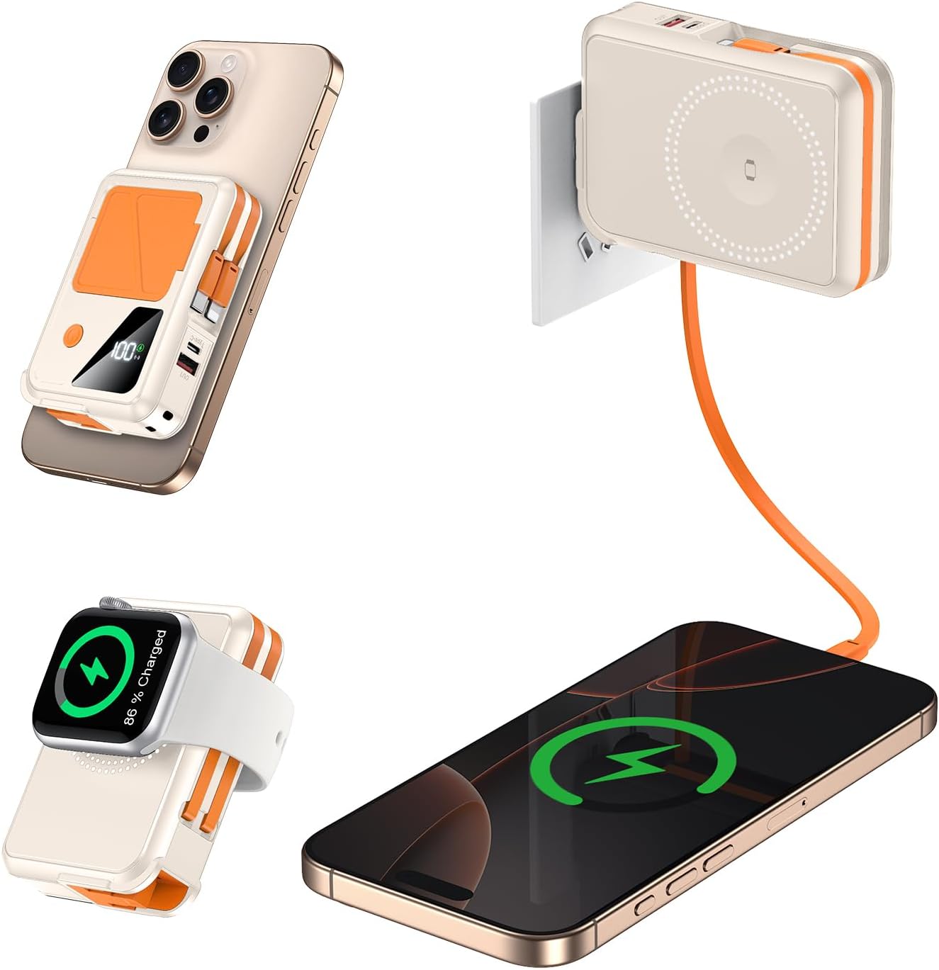 Wireless Portable Charger,3-in-1 Magnetic Power Bank 10000mAh Built in Cables and AC Plug,22.5W Fast Charging Mag-Safe Battery Pack,Compatible with iPhone 15/14/13/12,Apple Watch Series,Airpods