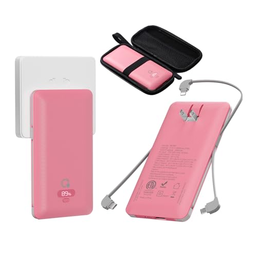 Brand Q 10000mAh Portable Charger with Built-in Cables and AC Wall Plug, USB C Fast Charging Power Bank with 3 Cords,5 Output External Battery Pack Compatible with iPhone,Tablet and All Smart Phones