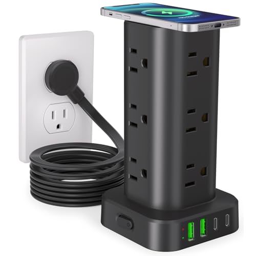 Power Strip Tower with Wireless Charger, Flat Plug Surge Protector Tower with 10FT Extension Cord, 12 AC Multiple Outlets, 4 USB (2 USB C),15W Wireless Charging Power Tower for Home Office Dorm, Black