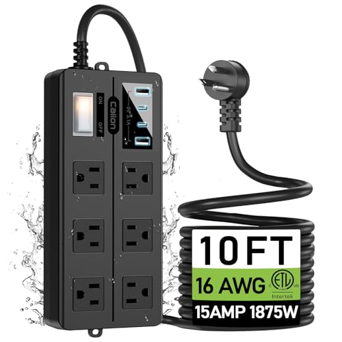 Outdoor Power Strip Weatherproof,Patio Waterproof Surge Protector with 4 USB Ports and 6 Outlets, 10 FT Extension Cord with Flat Plug,Shockproof Overload Protection,Mountable for Home Office Porch