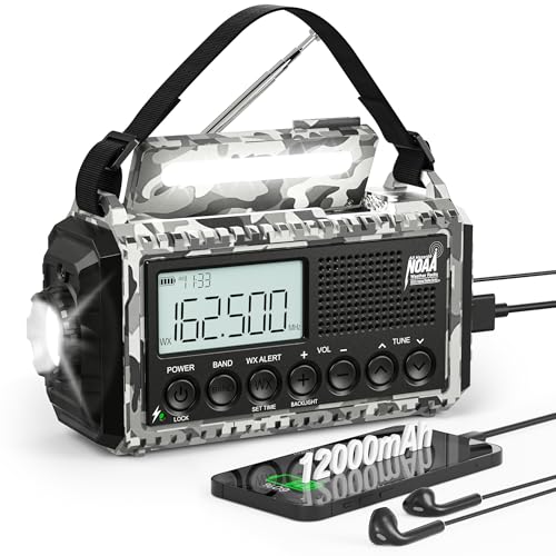 Emergency Radio 12000mAh with NOAA Weather Alert | Solar, Hand Crank, Battery AM/FM/Shortwave with Type-C Charger, Flashlight, SOS for Hurricane, Camping, Outdoor Survival
