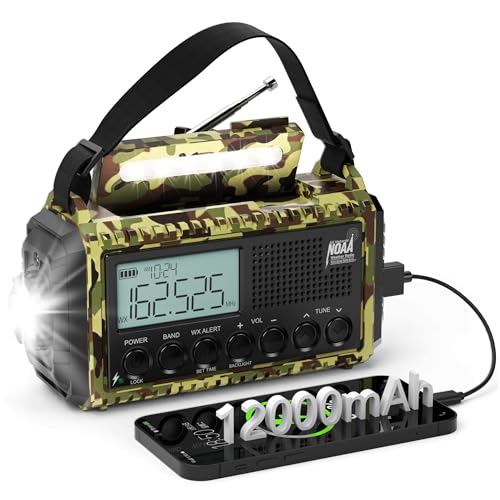 Emergency Weather Radio,12000mAh/44400mWh Solar Hand Crank AUTO NOAA Alert/AM/FM/SW Shortwave Radio with Type-C Charger, Battery Operated Radio,Reading Lamp, SOS & Flashlight for Emergencies