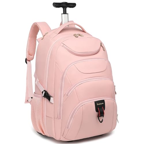 Boavan Rolling Backpack for Women, 17.3 Inch Wheeled Laptop Backpack,Large Travel Carry-On Bag for Teachers College Students, USB Charging Port Waterproof Business for Airplane Overnight Luggage,Pink