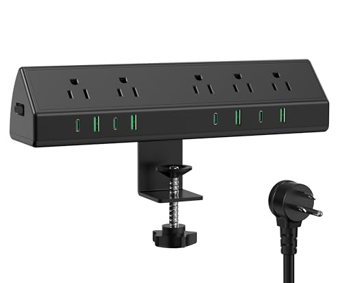 45W Fast Charging Station,Desk Clamp Power Strip,4 PD USB-C Ports,5 AC Outlets,Surge Protector Power Strip, 14AWG Heavy Duty Cord, Fits 1.9" Tabletop Edge (Black, 10 FT Cable)