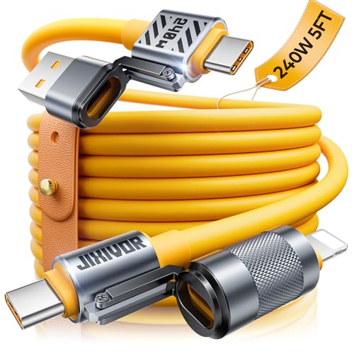 2025 Silicone 4-in-1 USB C Cable 240W Compatible with Lightning Cable Fast Charging & Data Transfer, Support to CarPlay & Android Auto, 5FT Multi Cord Combo Charger for iPhone/iPad