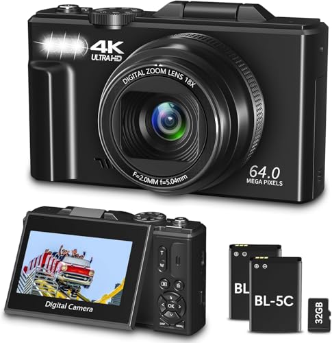 Digital Camera for Photography, WiFi 64MP 4K Vlogging Camera for YouTube, 3" 180 Flip Screen 18X Digital Zoom Compact Vlog Travel Cameras with 32GB TF Card & 2 Batteries, Black