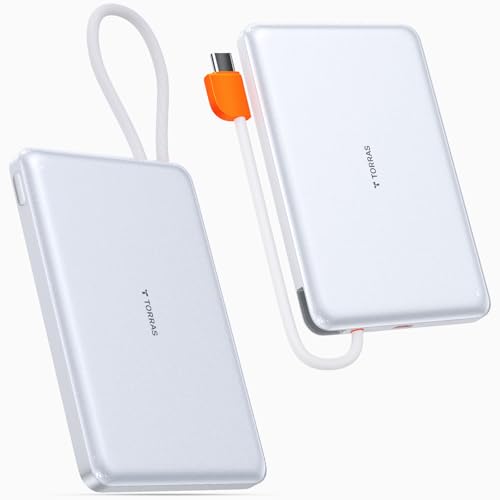 TORRAS Power Bank with Built-in USB-C Cable, Ultra-Slim 10,000mAh Portable Charger USB C, 22.5W Fast Charging Battery Pack for iPhone 16/15/Samsung S25 Ultra/Android, Glacier White (No-Wireless)