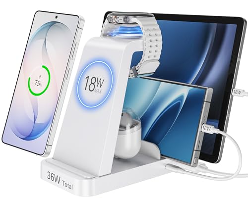 5 in 1 Wireless Charger for Samsung, Wireless Charging Station for Multiple Devices, Fast Charger Stand for Samsung Galaxy S25 Ultra S24 S23 S22 S20 Note 20 10 Z Fold 7 6 Galaxy Watch 7 6 5 Buds,White